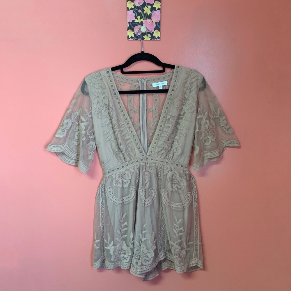 Honey Punch nude lace deep v neck romper